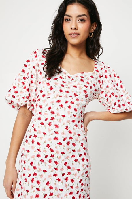 Petite Ditsy Ruched Front Puff Sleeve Midi Dress - Image 2