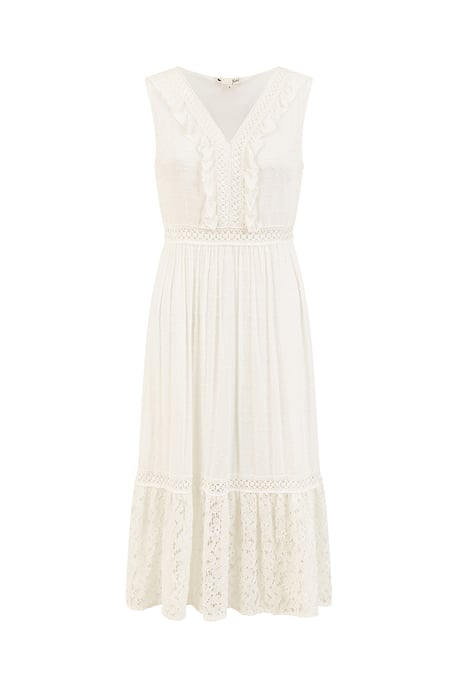 White Lace And Dobby Cotton Midi Sundress Dress