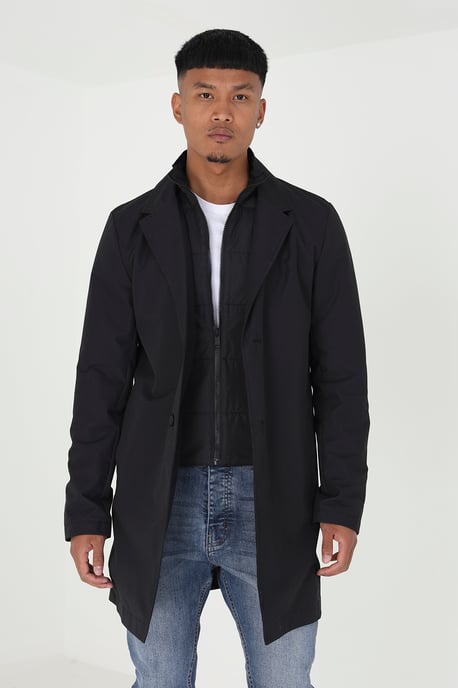 Black 'Umpire' Single Breasted Mac With Mock Layer