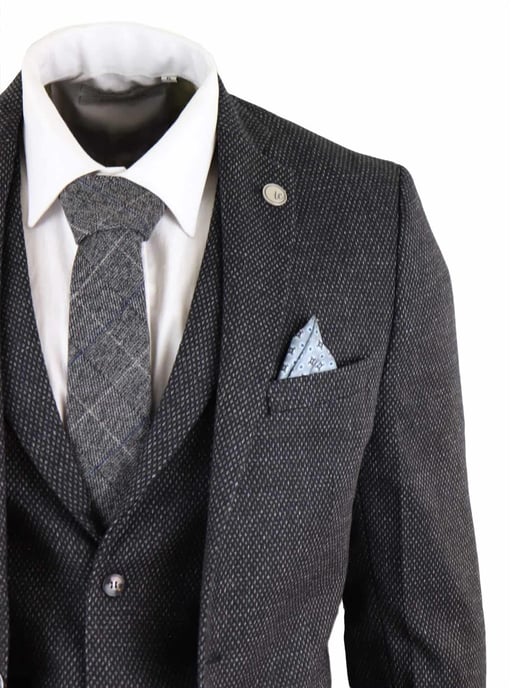 Herren 3-teiliges schwarzes Fischgrät-Tweed-Anzug - Image 5