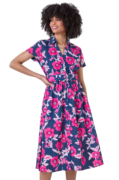 Floral Linen Look Belted Shirt Dress