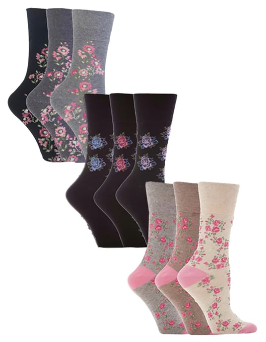 9 Paar Multipack Ladies Cotton Crew Non Elastic Socks | Gentle Grip | Womens Soft Top Striped Patterned Non Binding Socks - Floral 1 - Image 1