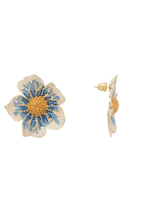 Boucles d'Oreilles Pensée Florale Plaqué Or Jaune Grandes Pierres Précieuses CZ Bleues et Blanches - Image 3