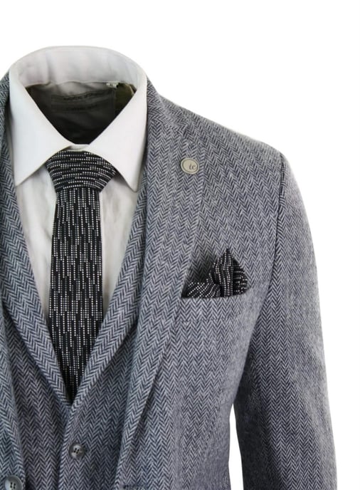 Men's 3 Piece Grey Herringbone Tweed Suit