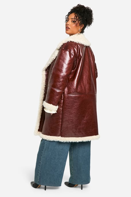 Plus Faux Leather Teddy Trim Longline Aviator Jacket - Image 2
