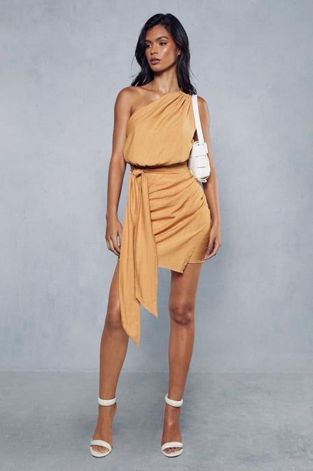 Textured Linen Look Drape Detail Mini Dress
