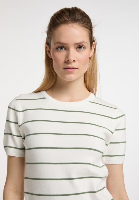Dreimaster Kurzarm-Pullover Damen Wollweiss Oliv - Image 4