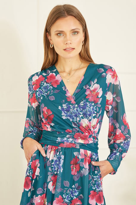 Green Floral Print Stretch Mesh Dress With Pockets
