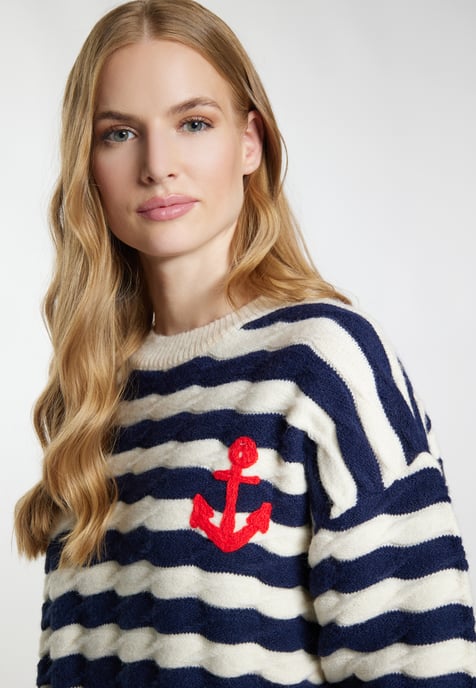 Dreimaster Strickpullover Damen Wollweiss Marine - Image 5