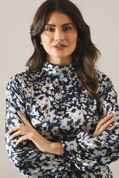 Floral Print High Neck Satin Midi Dress