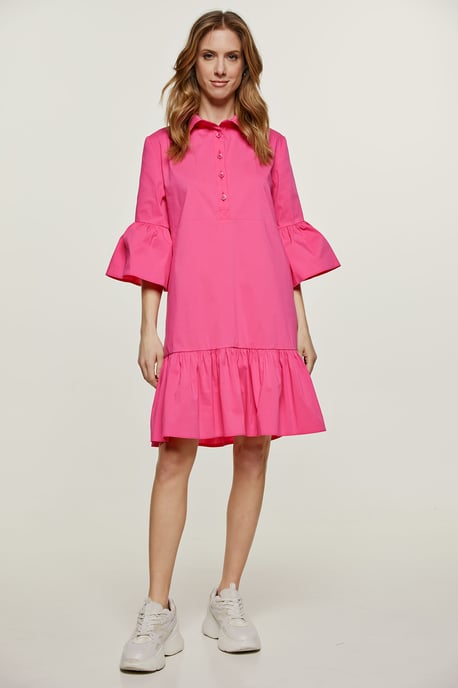 Fuchsiafarbenes Kleid mit Glockenärmeln und Rüschensaum - Image 1
