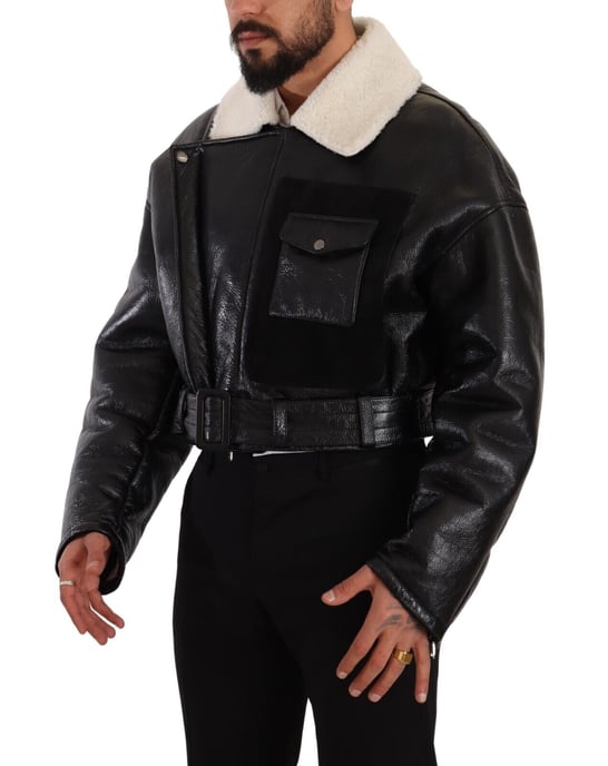 Dolce & Gabbana Herren schwarze Leder-Schaffell-Bikerjacke - Image 2