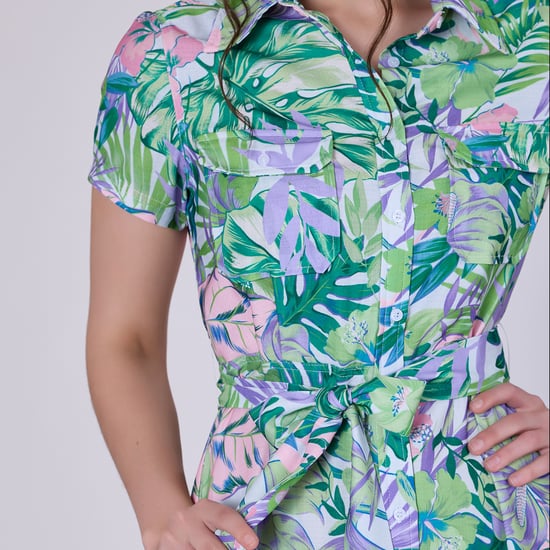 Tropical print midi shirt dress