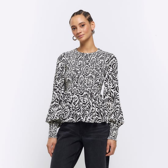 River Island Womens Blouse Black Abstract Shirred