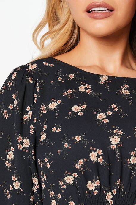 Ditsy Floral Shirred Waist Long Sleeve Midi Dress
