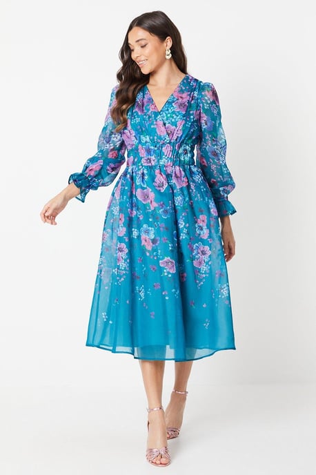 Petite Printed Blouson Sleeve Organza Midi Dress