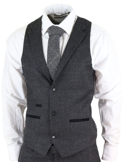 Herren 3-teiliges schwarzes Fischgrät-Tweed-Anzug - Image 4