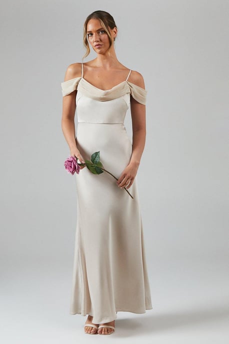 Cowl Neck Cold Shoulder Satin Bridesmaids Dress - Image 1