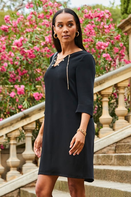 Black Chain Lace Up Shift Dress