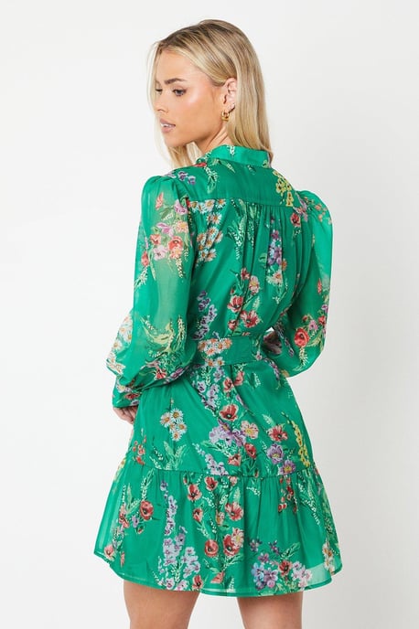 Petite Green Floral Organza Mini Shirt Dress