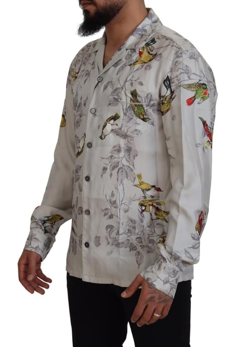 Dolce & Gabbana Herren Hemd aus weißem Seiden-Satin mit Vogelprint - Image 2