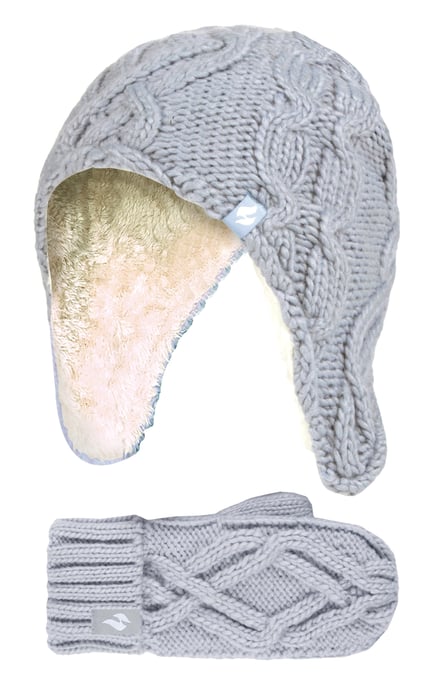Wärmehalter - Mädchen Majestic Soft Cosy Kabel gestrickt Design Bobble Trapper Mütze und Handschuhe Handschuhe Set - Frost Grey - Image 1