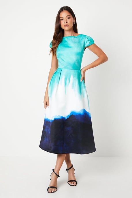 Placement Print Puff Sleeve Satin Midi Dress - Image 1