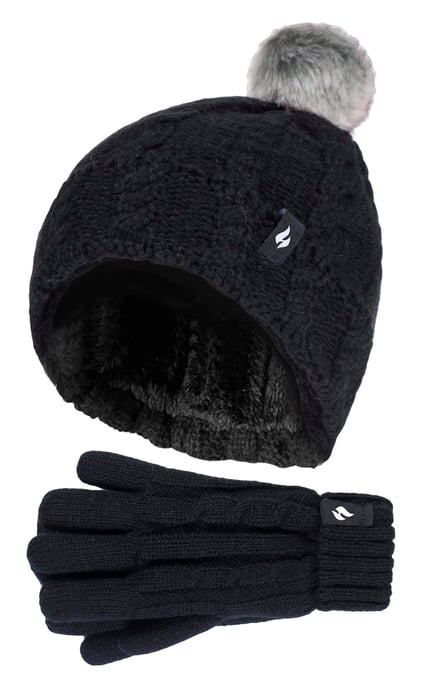 Wärmehalter - Girls Bobble Pom Pom Hat and Gloves Set | Turn Over Cuff Hat & Cable Knit Gloves Style - Schwarz - Image 1