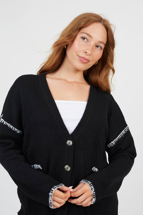 Black Contrast Stitch Button Through V-Neck Cardigan