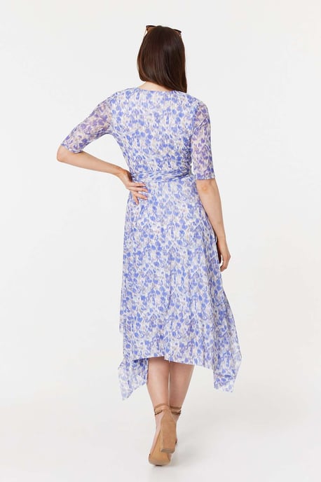 Blue Tie Dye Print 1/2 Sleeve Midi Dress