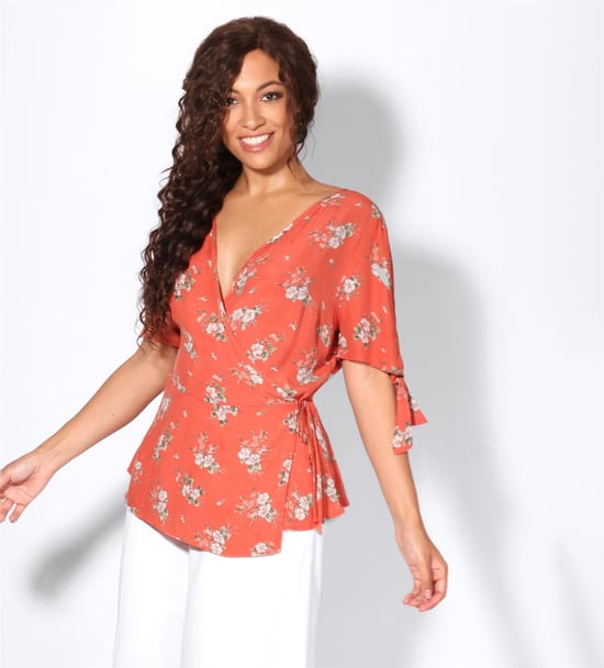 Tie Sleeve Floral Wrap Blouse