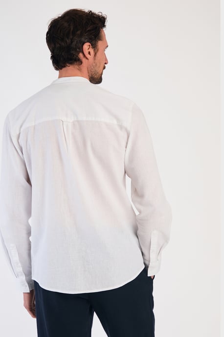 White Linen Blend Long Sleeve Button-Up Shirt With Grandad Collar - Image 2