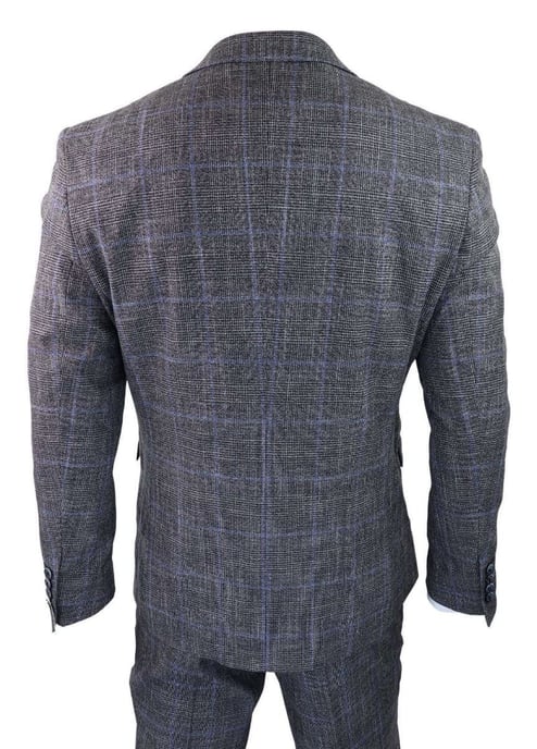 3-teiliger klassischer Tweed-Anzug für Herren im Vintage-Stil, Grau mit blauem Karomuster - Image 3