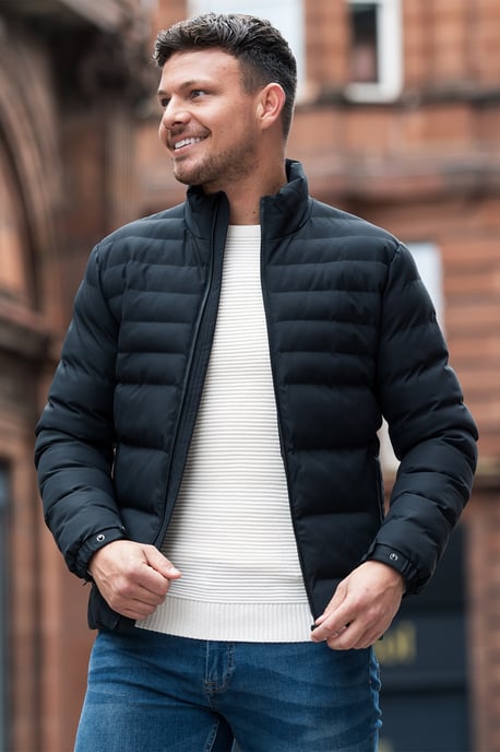 Black Funnel Neck Padded Jacket With Zip Fastening