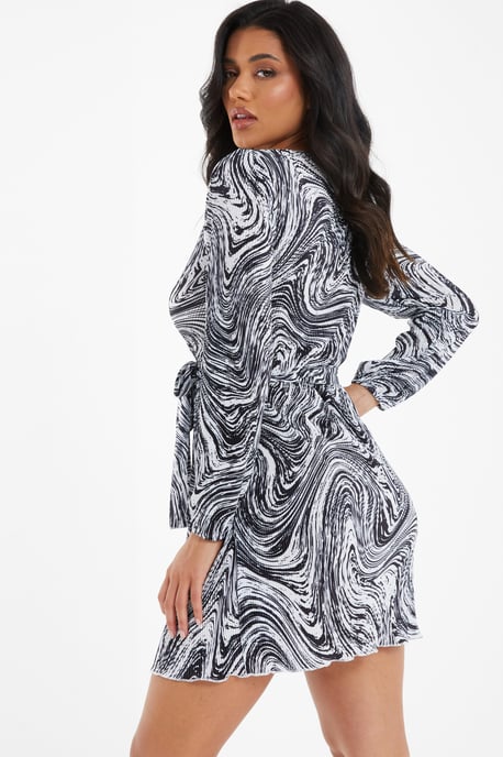 Black Plisse Swirl Wrap Dress