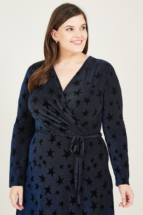 Yumi Plus Size Star Velour Navy Wrap Dress