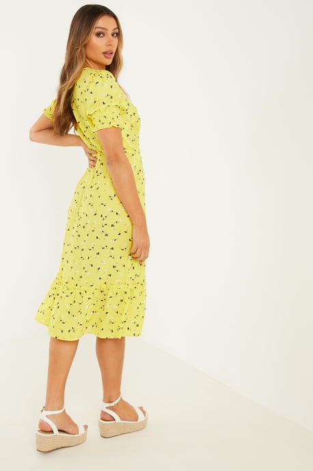 Yellow Floral Wrap Midi Dress