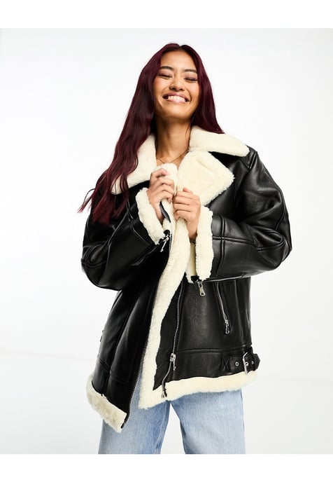 ASOS DESIGN faux leather bonded borg aviator jacket in black