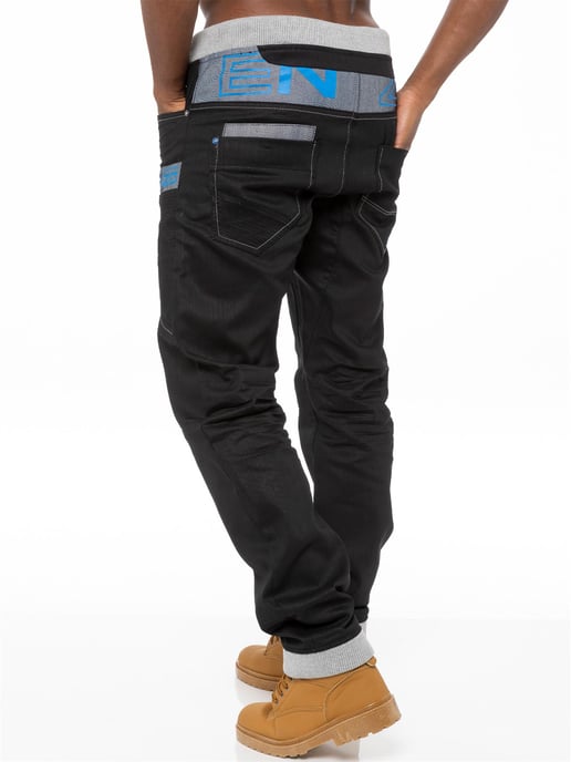 Enzo | Mens Denim Cuffed Jogger Jeans - Schwarz/Blau - Image 3