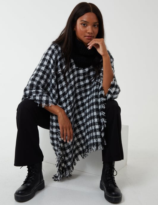 Check Roll Neck Poncho