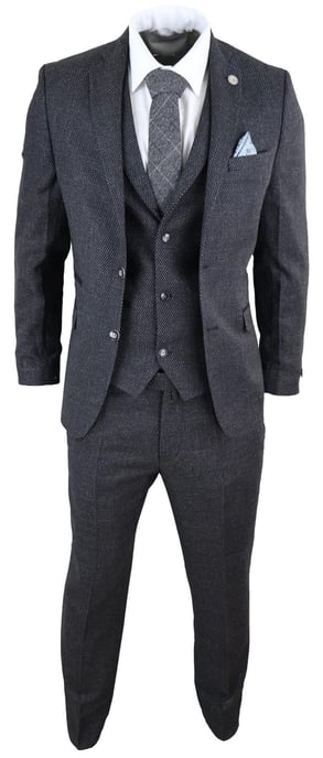 Herren 3-teiliges schwarzes Fischgrät-Tweed-Anzug - Image 2