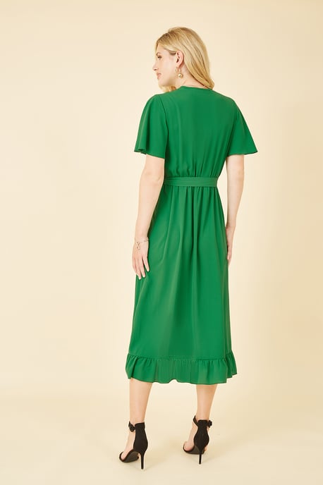 Green Wrap Over Frill Hem Dress
