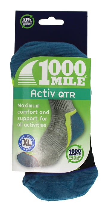 1000 Mile - Herren Aktive Viertel Repreve Gepolsterte Socken mit Flachnaht - Schwarz / Türkis - Image 2