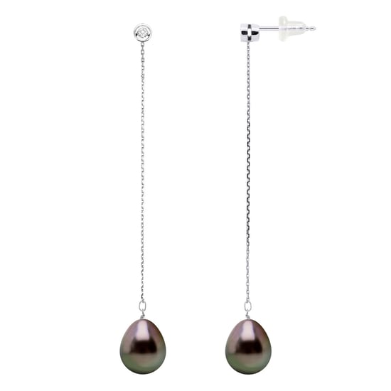 Ohrringe Prestige – Diamanten 0,02 ct – Weißgold – echte Tahiti-Zuchtperlen, Birne 9–10 mm - Image 1