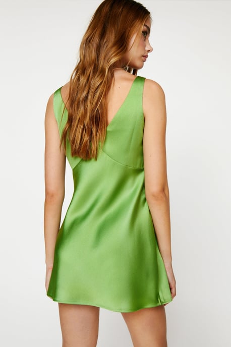 Satin V Neck Ruched Mini Dress
