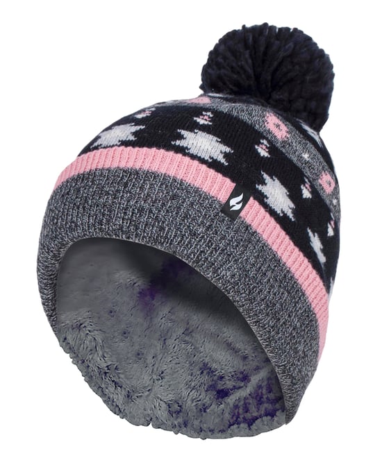 Heat Holders - Ladies Warm Knit Fleece gefüttert Winter Warm Hat mit Pom Pom - Grau / Schwarz - Image 1