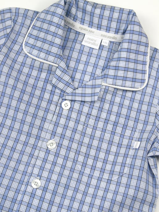 Boys Blue Mini Check Cotton Shortie Pyjama Set