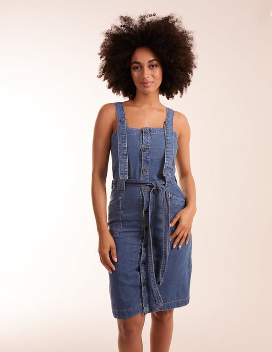 Button Front Pocket Denim Midi Dress