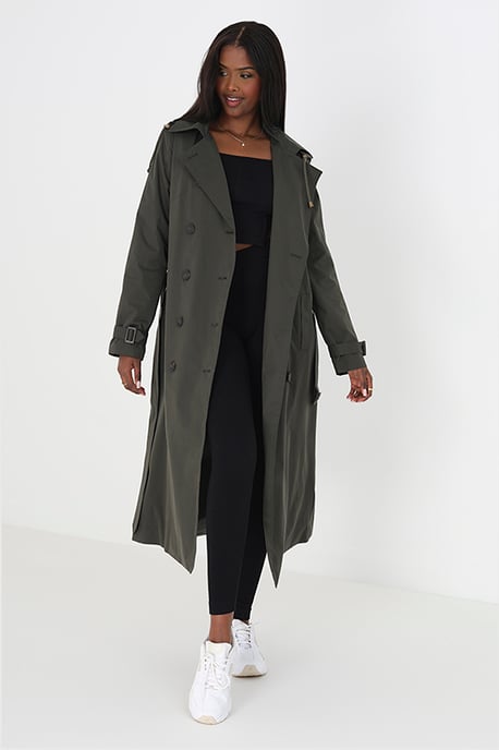 Khaki Double-Breasted Longline Trench Coat With Detachable Hood