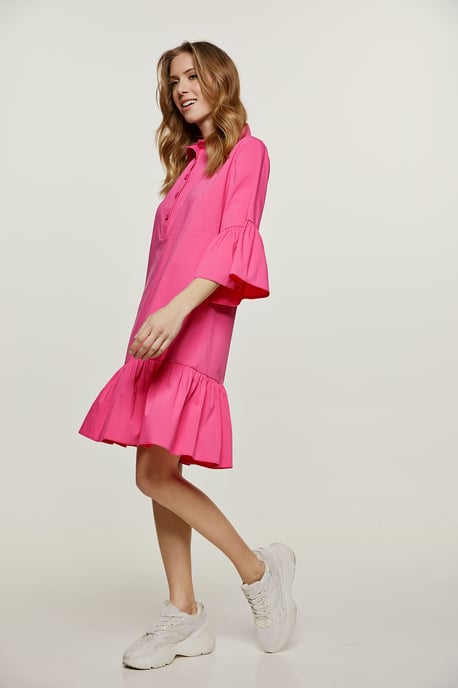 Fuchsiafarbenes Kleid mit Glockenärmeln und Rüschensaum - Image 6